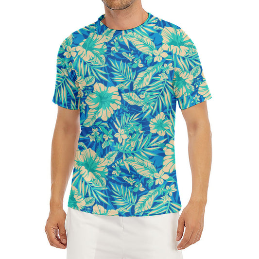 Blue Blossom Tropical Pattern Print Men's Short Sleeve Rash Guard