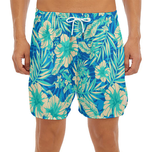 Blue Blossom Tropical Pattern Print Men's Split Running Shorts