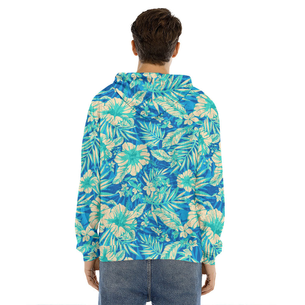 Blue Blossom Tropical Pattern Print Men's Velvet Pullover Hoodie