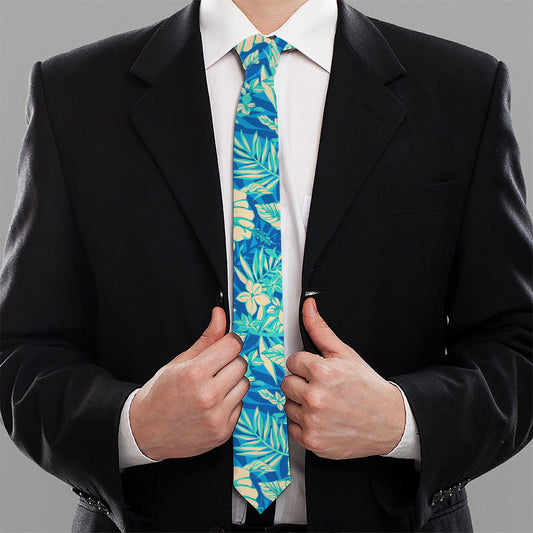 Blue Blossom Tropical Pattern Print Necktie