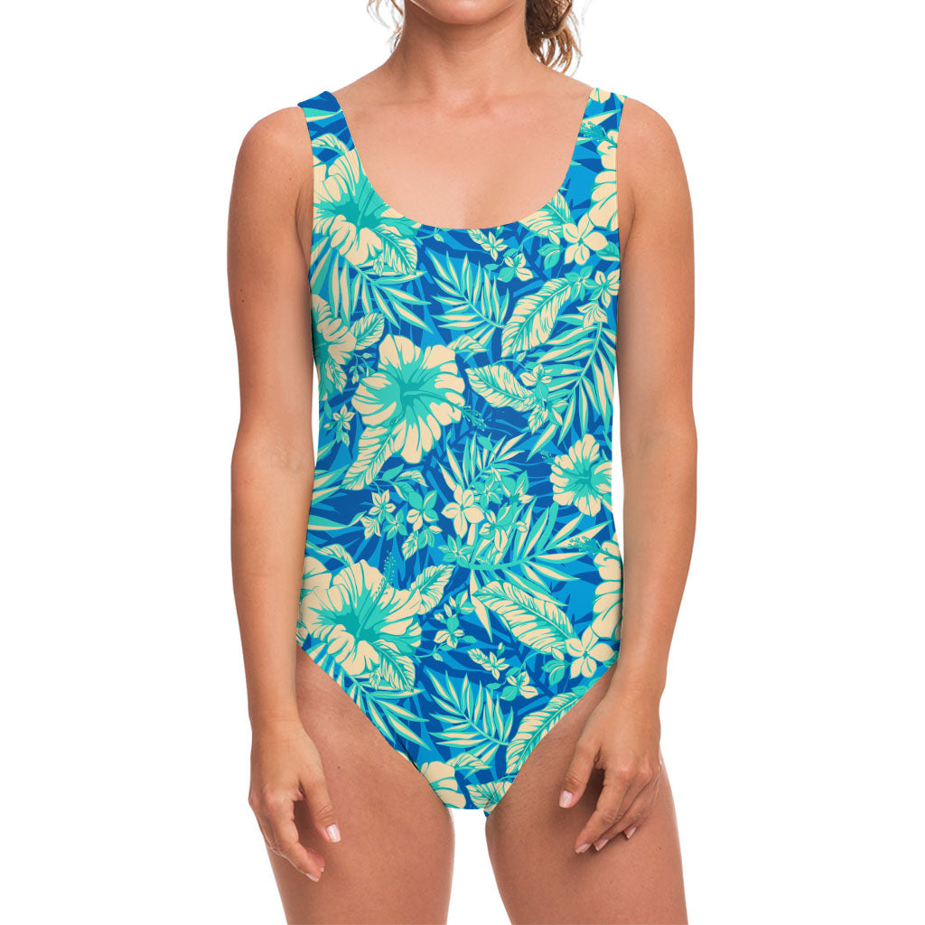 Blue Blossom Tropical Pattern Print One Piece Swimsuit