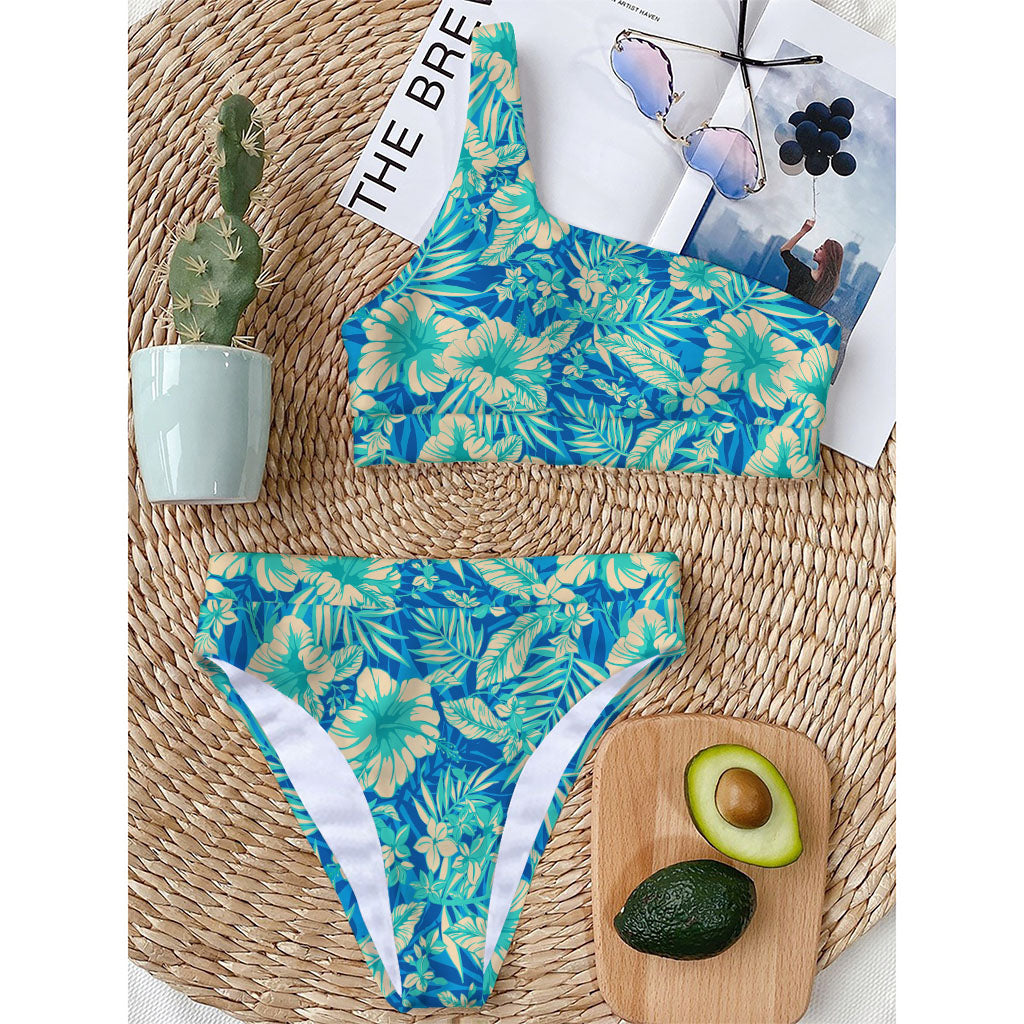 Blue Blossom Tropical Pattern Print One Shoulder Bikini Top