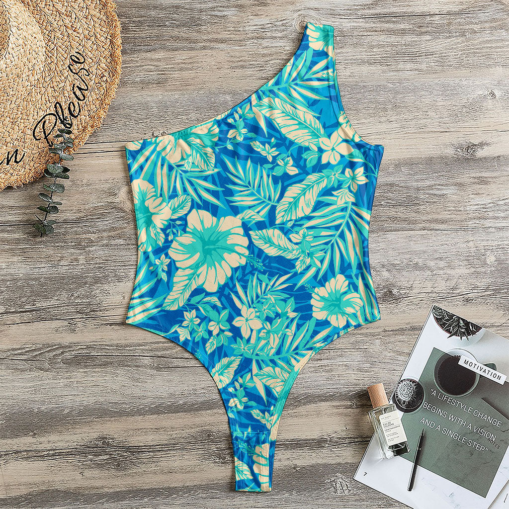 Blue Blossom Tropical Pattern Print One Shoulder Bodysuit