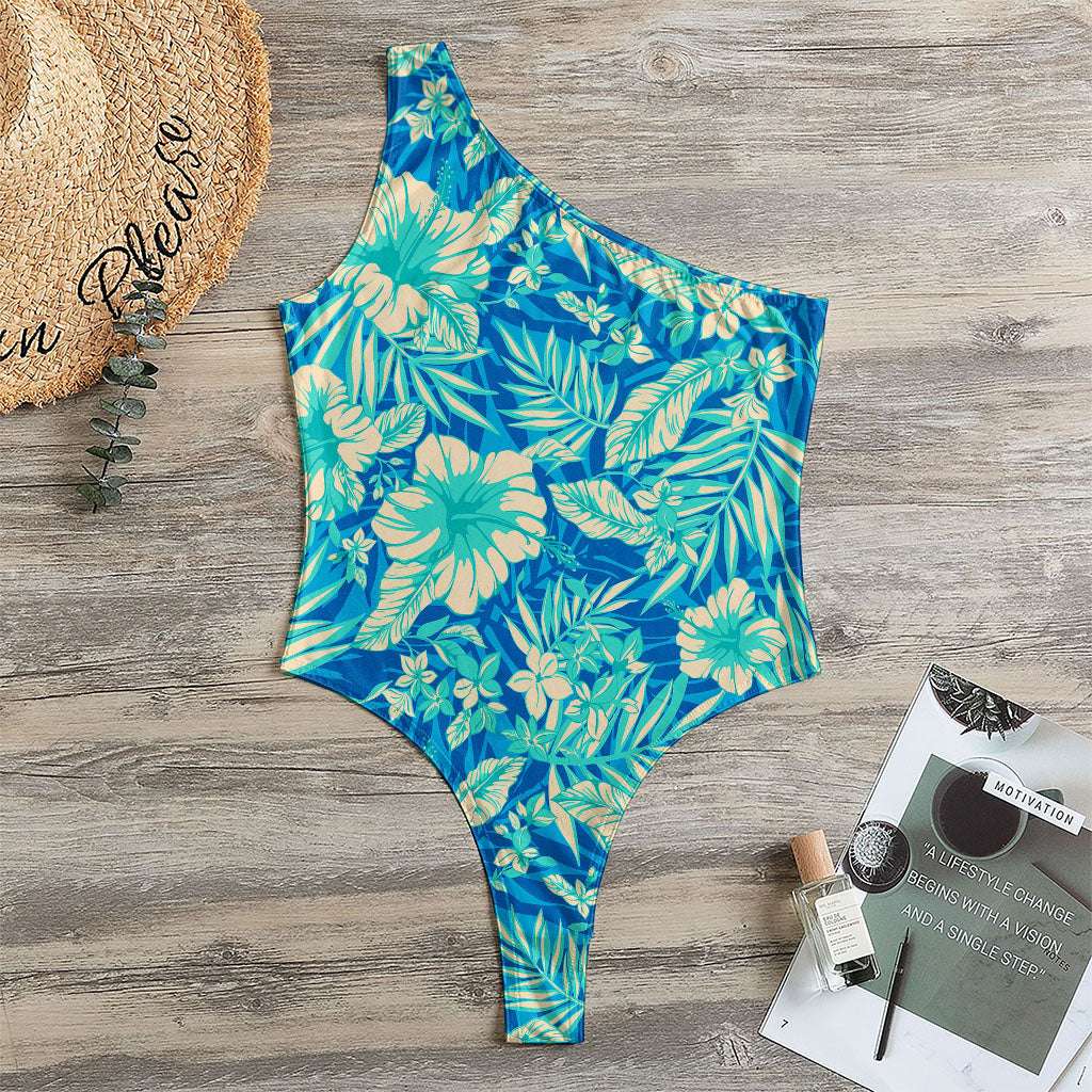 Blue Blossom Tropical Pattern Print One Shoulder Bodysuit