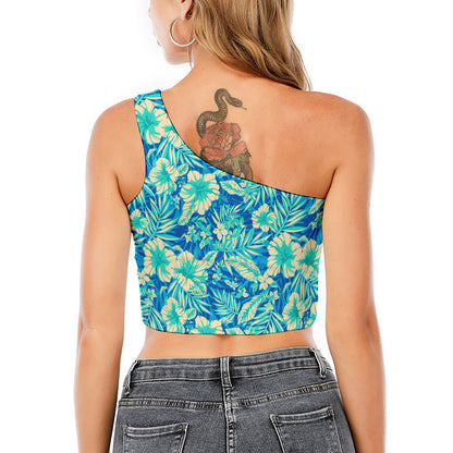 Blue Blossom Tropical Pattern Print One Shoulder Crop Top