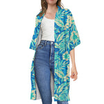 Blue Blossom Tropical Pattern Print Open Front Beach Cover Up