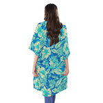 Blue Blossom Tropical Pattern Print Open Front Beach Cover Up