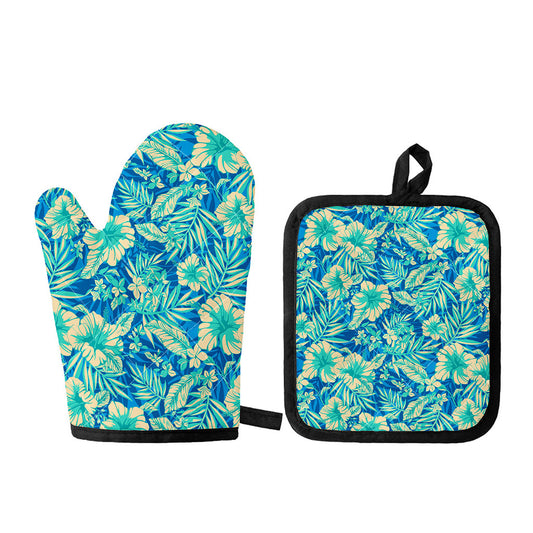 Blue Blossom Tropical Pattern Print Oven Mitt And Pot Holder Set