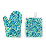 Blue Blossom Tropical Pattern Print Oven Mitt And Pot Holder Set