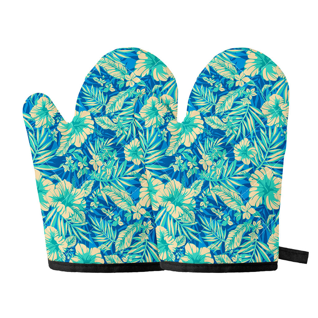 Blue Blossom Tropical Pattern Print Oven Mitts