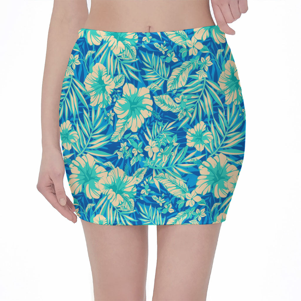 Blue Blossom Tropical Pattern Print Pencil Mini Skirt