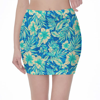 Blue Blossom Tropical Pattern Print Pencil Mini Skirt