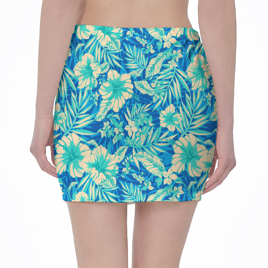 Blue Blossom Tropical Pattern Print Pencil Mini Skirt