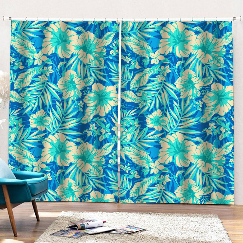 Blue Blossom Tropical Pattern Print Pencil Pleat Curtains
