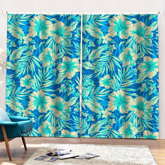 Blue Blossom Tropical Pattern Print Pencil Pleat Curtains