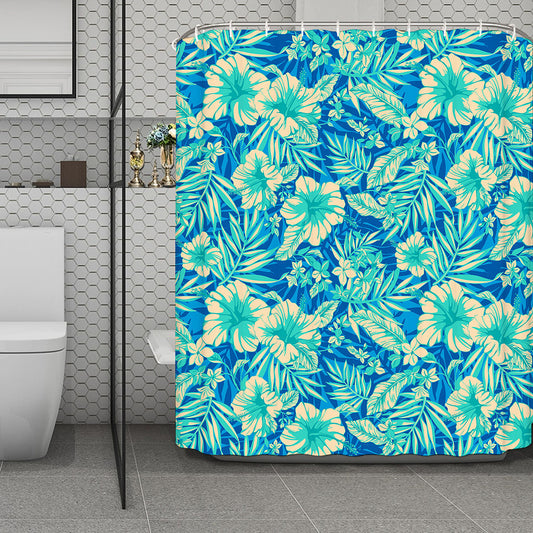 Blue Blossom Tropical Pattern Print Polyester Shower Curtain