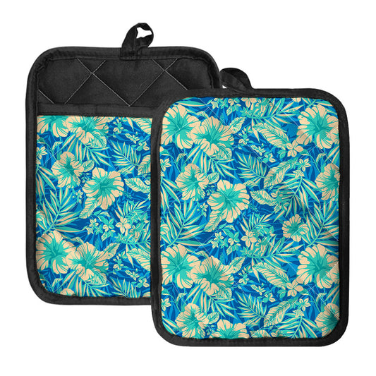 Blue Blossom Tropical Pattern Print Pot Holders With Pocket