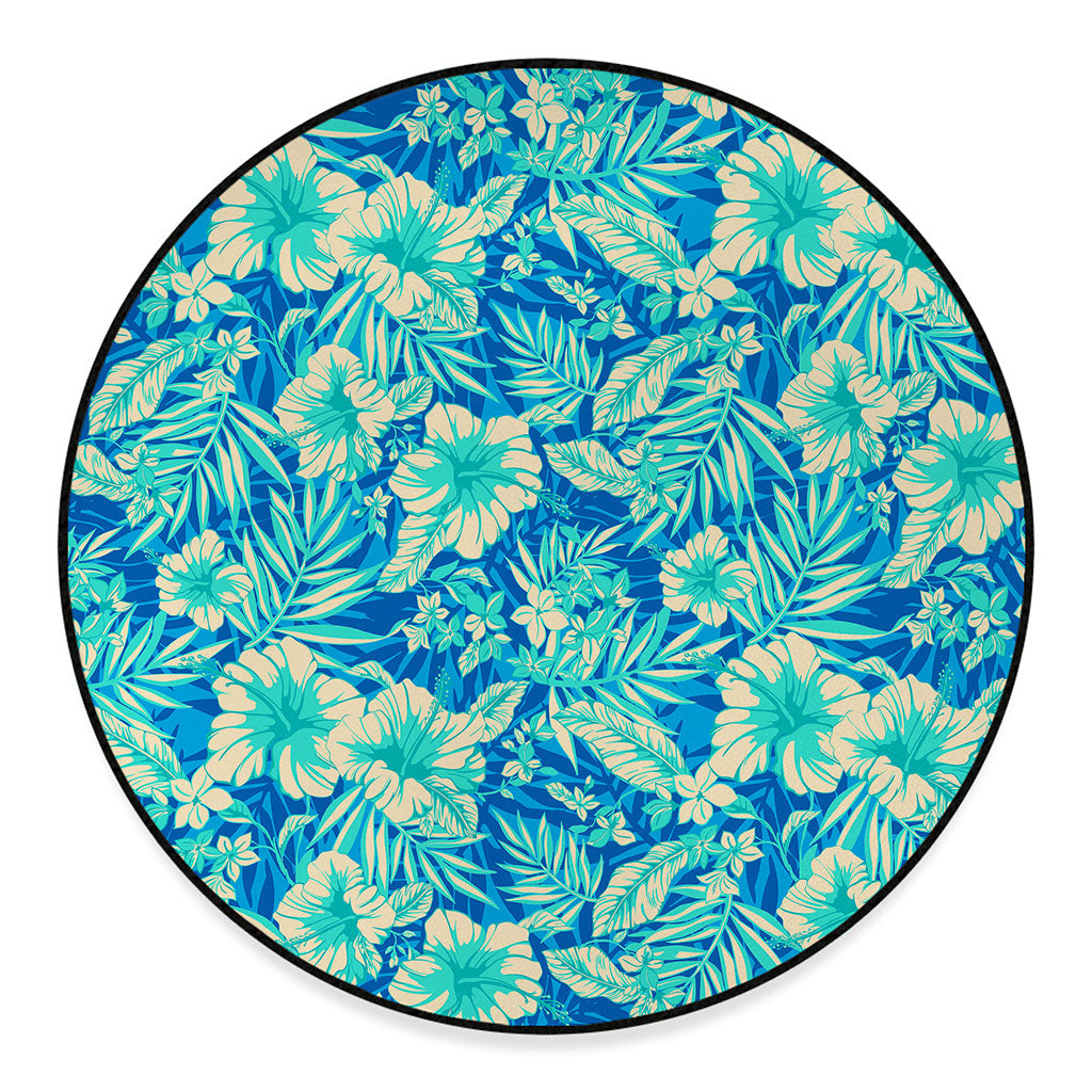 Blue Blossom Tropical Pattern Print Round Floor Mat