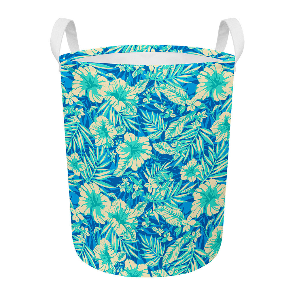 Blue Blossom Tropical Pattern Print Round Laundry Basket
