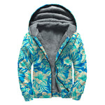 Blue Blossom Tropical Pattern Print Sherpa Lined Zip Up Hoodie