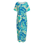 Blue Blossom Tropical Pattern Print Short Sleeve Long Nightdress