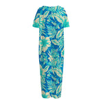 Blue Blossom Tropical Pattern Print Short Sleeve Long Nightdress