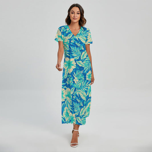 Blue Blossom Tropical Pattern Print Short Sleeve Maxi Dress