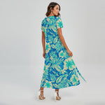 Blue Blossom Tropical Pattern Print Short Sleeve Maxi Dress