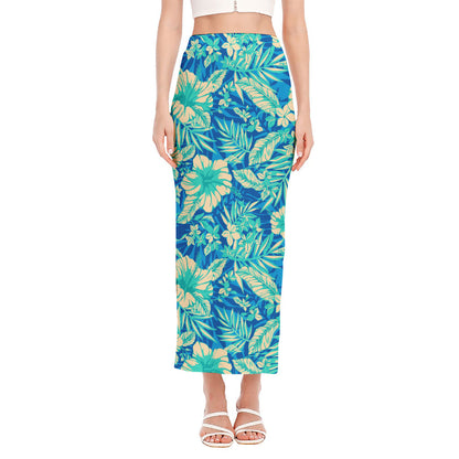 Blue Blossom Tropical Pattern Print Side Slit Maxi Skirt