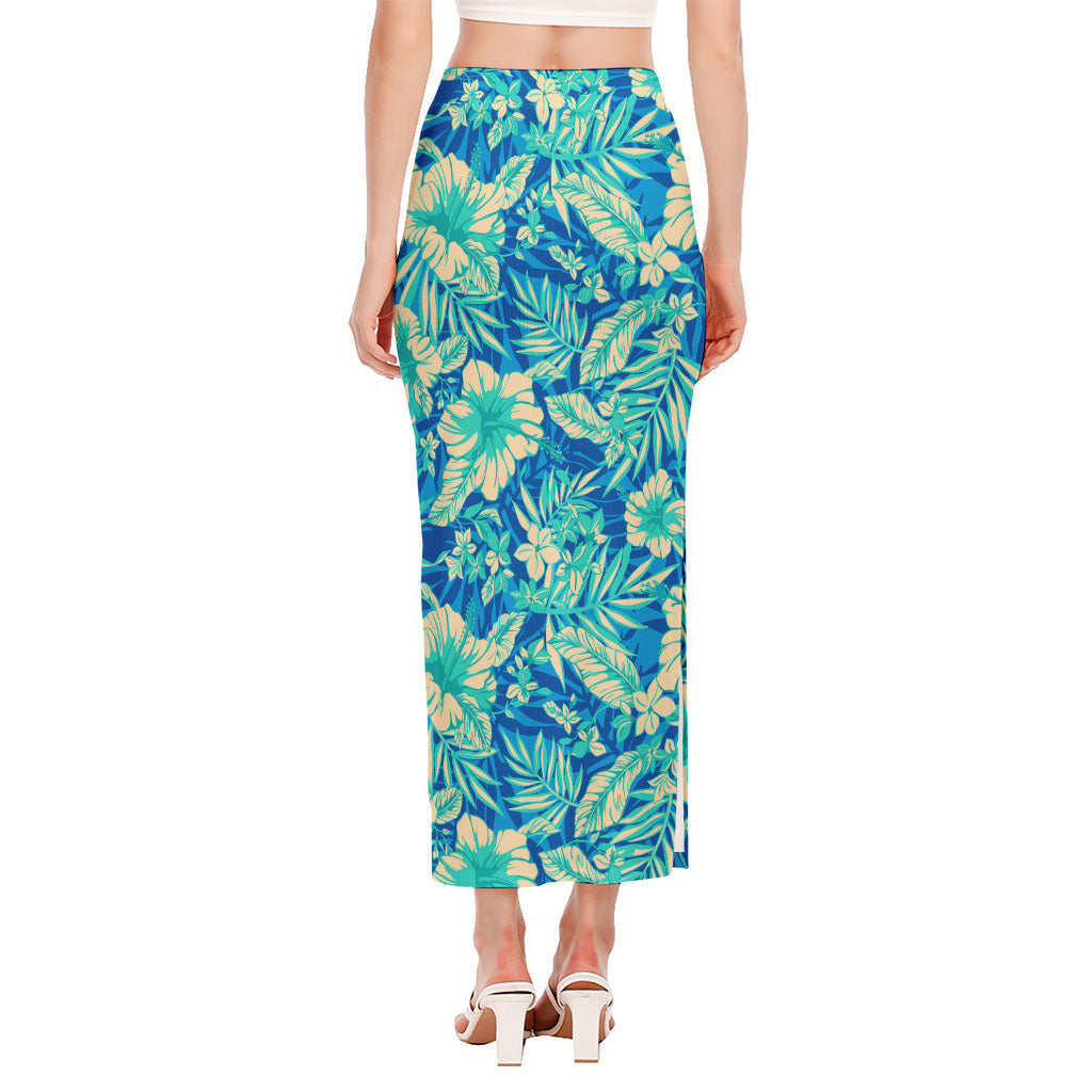 Blue Blossom Tropical Pattern Print Side Slit Maxi Skirt