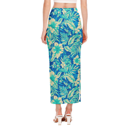 Blue Blossom Tropical Pattern Print Side Slit Maxi Skirt