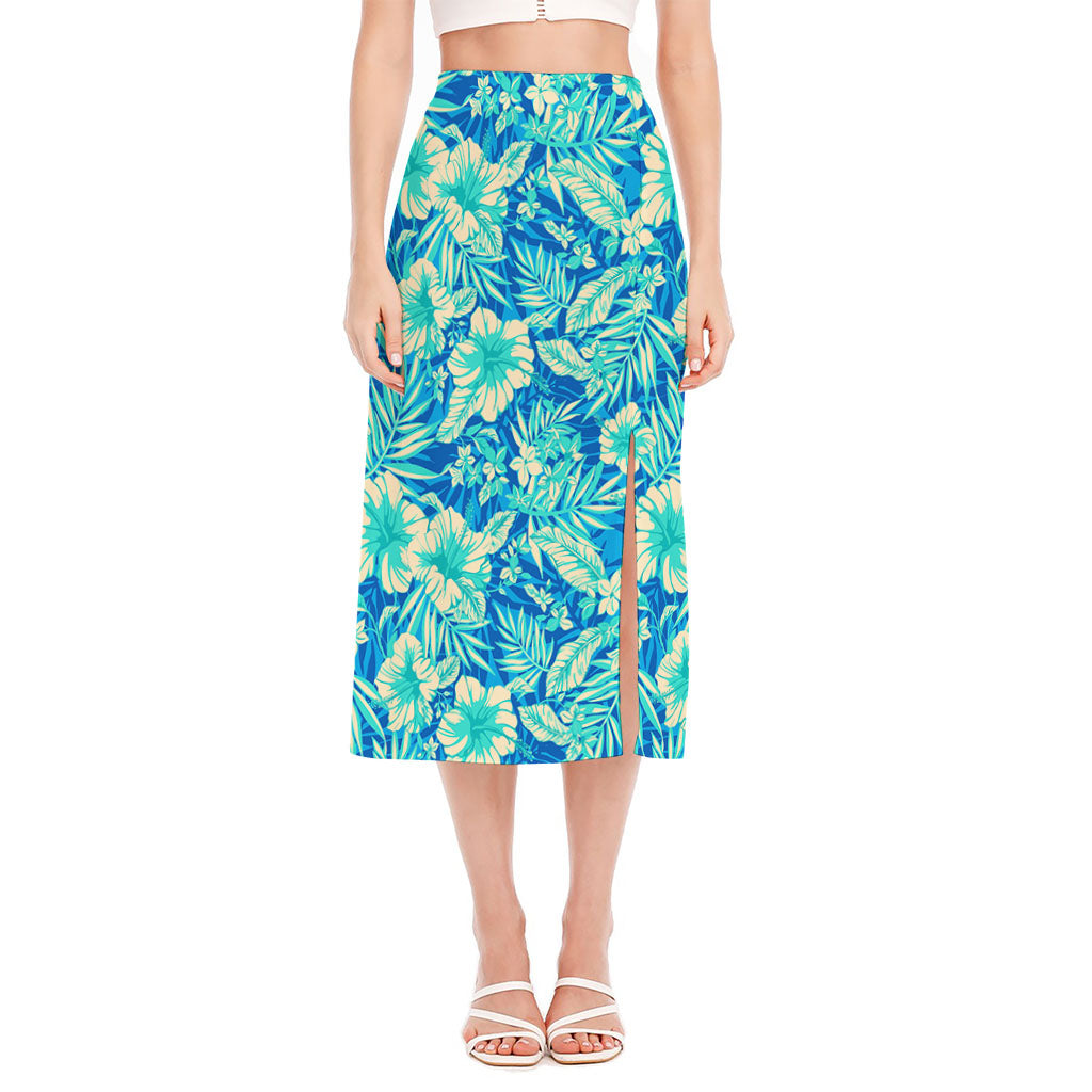 Blue Blossom Tropical Pattern Print Side Slit Midi Skirt