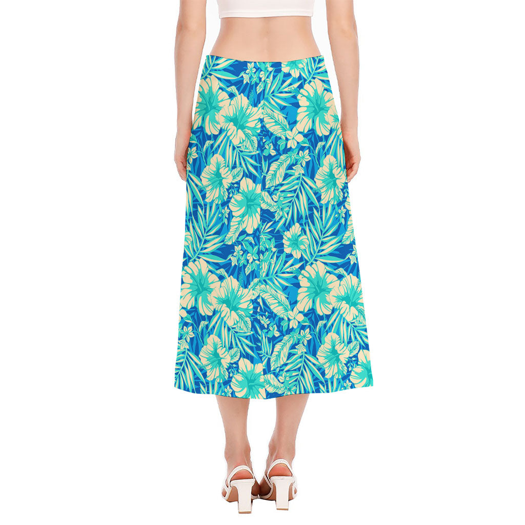 Blue Blossom Tropical Pattern Print Side Slit Midi Skirt