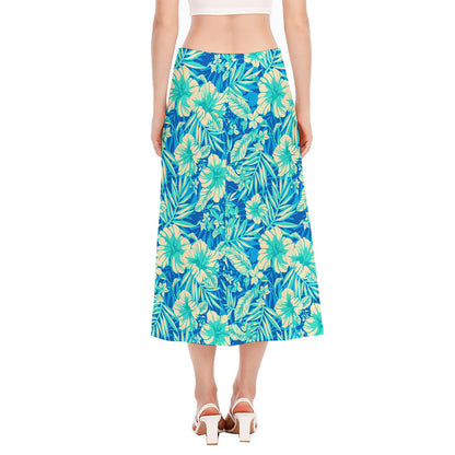 Blue Blossom Tropical Pattern Print Side Slit Midi Skirt
