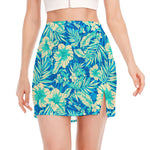 Blue Blossom Tropical Pattern Print Side Slit Mini Skirt