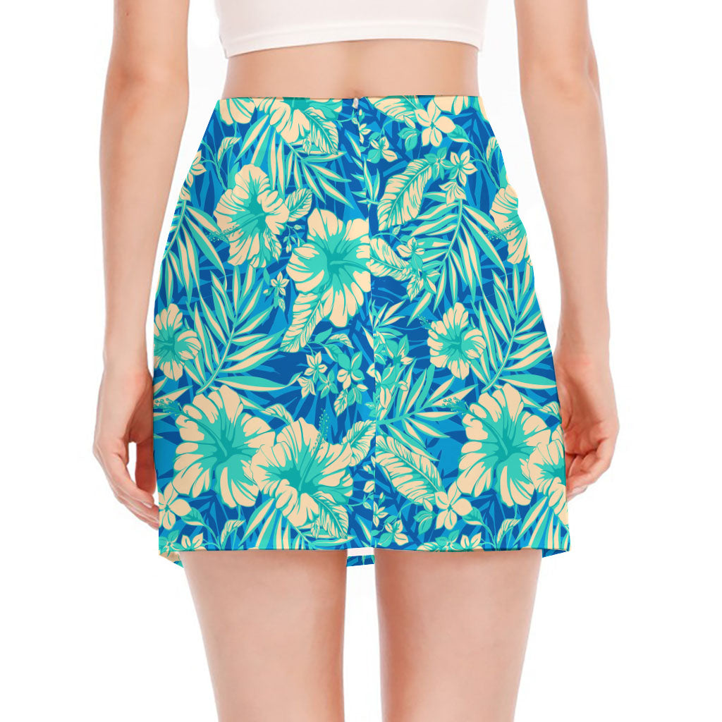 Blue Blossom Tropical Pattern Print Side Slit Mini Skirt