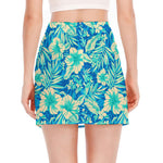 Blue Blossom Tropical Pattern Print Side Slit Mini Skirt