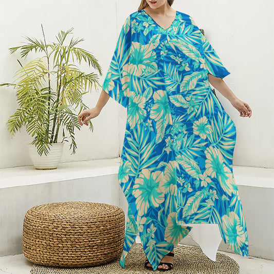 Blue Blossom Tropical Pattern Print Silk V-Neck Kaftan Dress