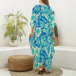 Blue Blossom Tropical Pattern Print Silk V-Neck Kaftan Dress
