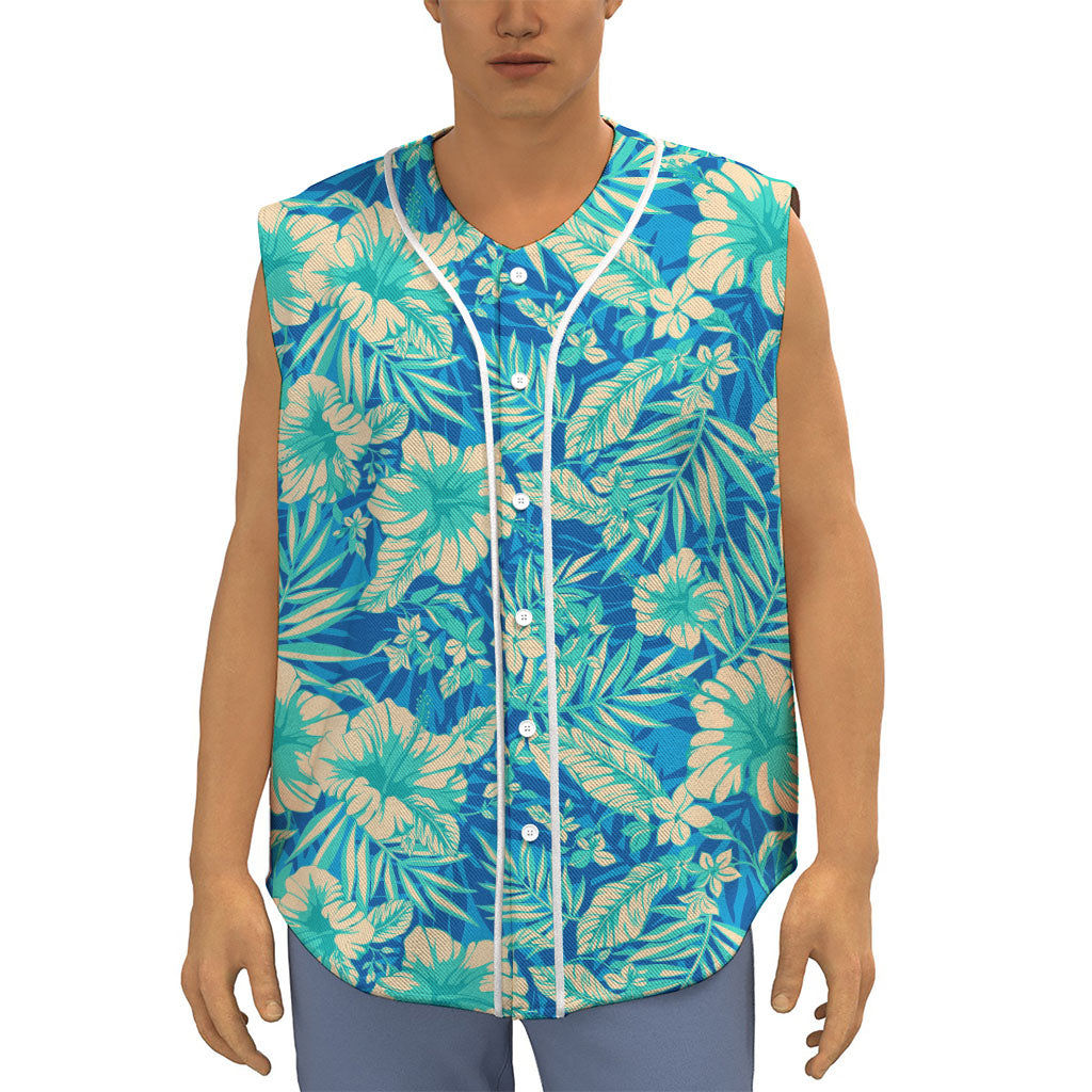 Blue Blossom Tropical Pattern Print Sleeveless Baseball Jersey