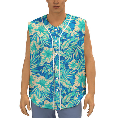 Blue Blossom Tropical Pattern Print Sleeveless Baseball Jersey