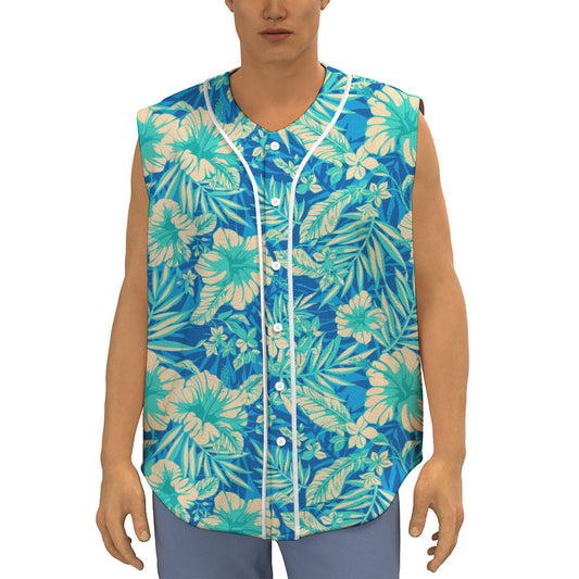 Blue Blossom Tropical Pattern Print Sleeveless Baseball Jersey