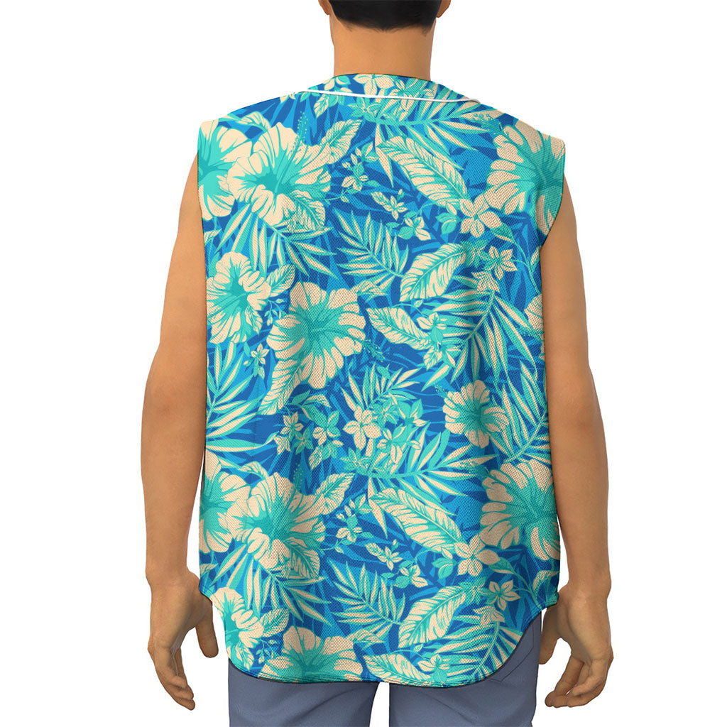 Blue Blossom Tropical Pattern Print Sleeveless Baseball Jersey