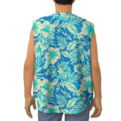 Blue Blossom Tropical Pattern Print Sleeveless Baseball Jersey