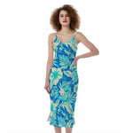 Blue Blossom Tropical Pattern Print Slim Fit Midi Cami Dress