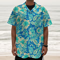 Blue Blossom Tropical Pattern Print Textured Short Sleeve Shirt
