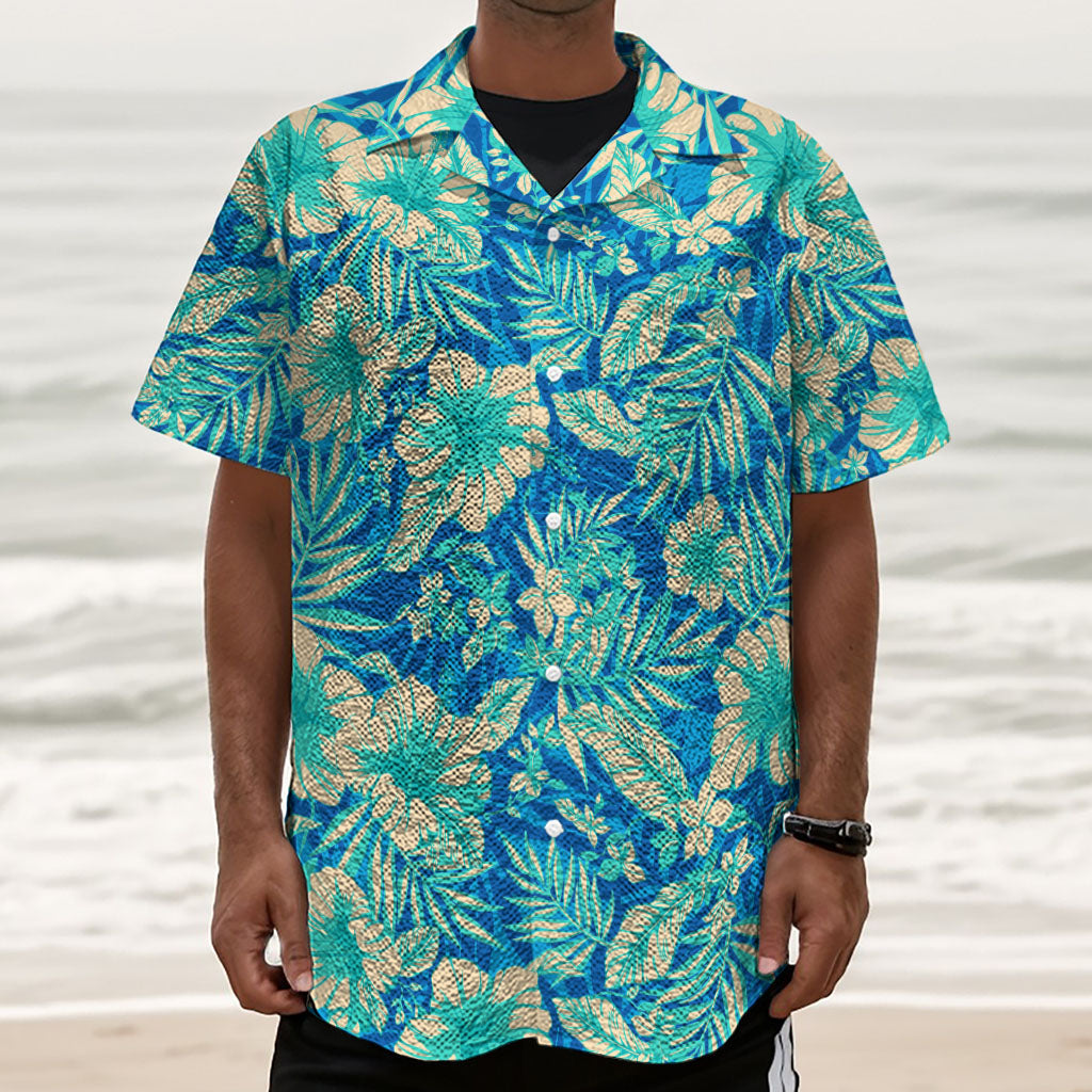 Blue Blossom Tropical Pattern Print Textured Short Sleeve Shirt