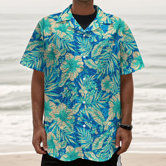 Blue Blossom Tropical Pattern Print Textured Short Sleeve Shirt