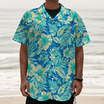Blue Blossom Tropical Pattern Print Textured Short Sleeve Shirt