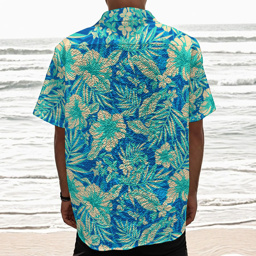 Blue Blossom Tropical Pattern Print Textured Short Sleeve Shirt